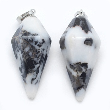 Natural Zebra Jasper Pointed Pendants, with Brass Findings, Bullet, Platinum, 38.5x16x14.5mm, Hole: 5x8mm