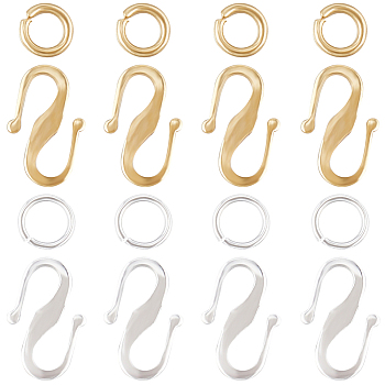 60Pcs 2 Color Brass S Hook Clasps, Long-Lasting Plated, with 60pcs 304 Stainless Steel & 60pcs Rack Plating Brass Jump Rings, 925 Sterling Silver Plated & Real 24K Gold Plated, 12x7.5x1mm