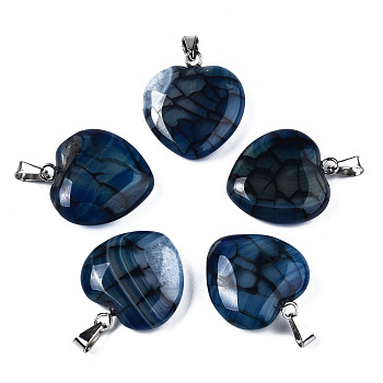 Natural Dragon Veins Agate Pendants, with Stainless Steel Snap On Bails, Heart, Stainless Steel Color, Prussian Blue, 22~23x19~20x5~6mm, Hole: 3x5mm