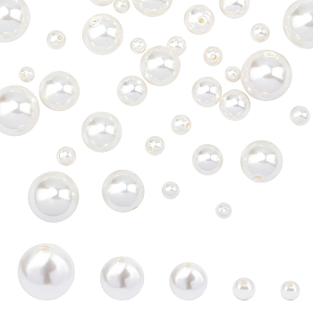 40Pcs 5 Sizes Shell Pearl Beads, Half Drilled Beads, Polished, Round, White, 8pcs/style