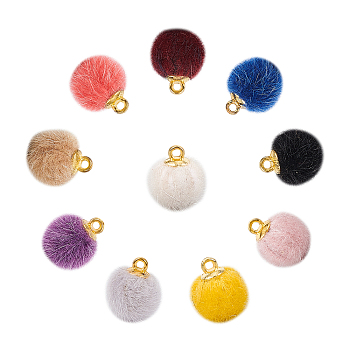 Faux Mink Fur Covered Charms, with Golden Tone Brass Findings, Round, Mixed Color, 14x10mm, Hole: 1.5mm, 10colors, 10pcs/color, 100pcs/box