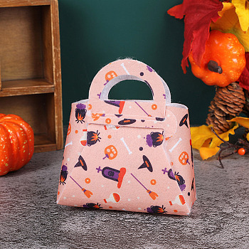 Halloween Theme Non-woven Fabric Gift Bags with Handle, Candy Bags, Trapezoid with Pumpkin & Broom Pattern, Misty Rose, 12.4x6.5x12.5cm