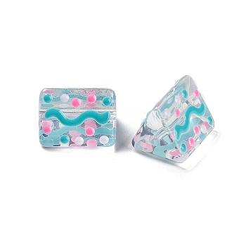 Transparent Glass Beads, with Enamel, Triangle with Wave Pattern, Aqua, 9.5x12x9mm, Hole: 1.2mm