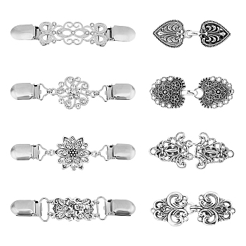 2 Sets 2 Styles Tibetan Style, Alloy Hook Button, Shawls and Capes Buckle, for Garment Accessories, Antique Silver, 22~128x23~68x9~14mm, 4pcs/set, 1 set/style