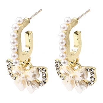 Alloy & Resin Pearl & Crystal Rhinestone Stud Dangle Earrings, Bowknot, Golden, 30.5x16.5mm