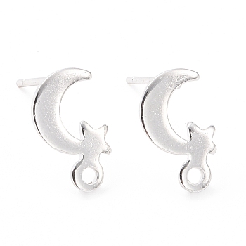 201 Stainless Steel Stud Earring Findings, with Horizontal Loop and 316 Stainless Steel Pin, Moon and Star, 925 Sterling Silver Plated, 11x7mm, Hole: 1.4mm, Pin: 0.7mm