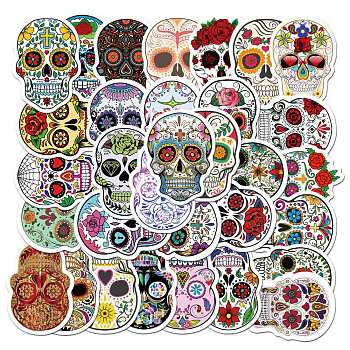 Halloween Waterproof PVC Plastic Sticker Labels, Self-adhesion, for Suitcase, Skateboard, Refrigerator, Helmet, Mobile Phone Shell, Skull Pattern, Mixed Color, 30~60mm, 50pcs/set