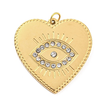 304 Stainless Steel Rhinestone Pendants, Heart with Eye Charms, with Jump Rings, Real 14K Gold Plated, 20x20x1.5mm, Hole: 2.5mm