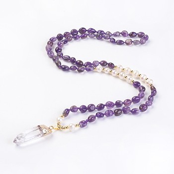 Natural Amethyst and Natural Quartz Crystal Pendant Necklaces, with Pearl and Brass Findings, Bullet, 31.5 inch~32.3 inch(80~82cm), Pendant: 45~55x15x10mm