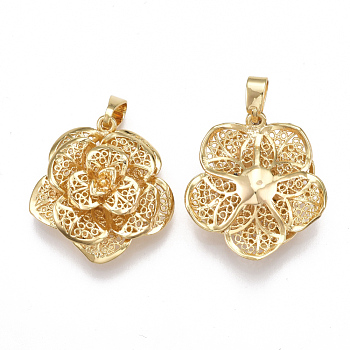 Brass Pendants, Flower, Real 18K Gold Plated, 30x28.5x12mm, Hole: 4x8mm