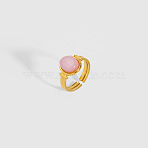 Oval Natural Rose Quartz Ring, Stainless Steel Cuff Ring for Women, Real 18K Gold Plated(VR5494-1)