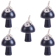 Natural Obsidian Pendants, Mushroom Charms, with Silver Color Plated Copper Wire Wrapped, 30x15x16mm, Hole: 5mm(PALLOY-SW0004-07)
