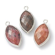 Natural Rhodonite Pendants, with Platinum Brass Edge, Faceted, Horse Eye, 22x12x5.5mm, Hole: 1.8mm(G-B009-01P-F)