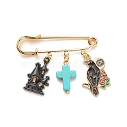 Halloween Castle & Crow Alloy Enamel Charm Safety Pin with Synthetic Turquoise Cross, Brass Sweater Shawl Clips for Women, Golden, Colorful, 43x49x5mm(JEWB-BR00069-04)