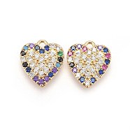 Brass Micro Pave Cubic Zirconia Pendants, Heart, Real 18K Gold Plated, Colorful, 13.3x12x2.7mm, Hole: 1.4mm(KK-I648-08B)
