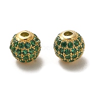 925 Sterling Silver Micro Pave Cubic Zirconia Beads, Round, Real 18K Gold Plated, Dark Green, 6x5.5mm, Hole: 1.4mm(STER-H110-24A-03G)