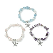 Natural Mixed Gemstone Chips Beaded Stretch Bracelets Set, 304 Stainless Steel Starfish Charms Stackable Bracelets for Women, Inner Diameter: 2-1/4 inch(5.6cm), 1Pc/style(BJEW-TA00361)