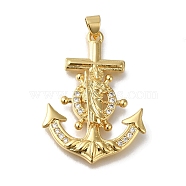 Rack Plating Brass Micro Pave Clear Cubic Zirconia Pendants, Long-Lasting Plated, Cadmium Free & Lead Free, Boat Anchor, Real 18K Gold Plated, 34x24.5x4mm, Hole: 4x3mm(KK-G500-22G)