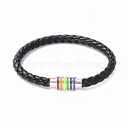 Rainbow Pride Bracelet, PU Leather Braided Cord Bracelet with Enamel Magnetic Clasps for Men Women, Black, 8-1/4 inch(20.8cm)(BJEW-F425-01A)