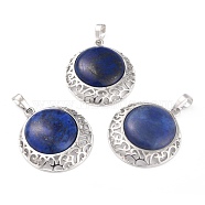 Natural Lapis Lazuli Pendants with Hollow Platinum Brass Findings, Flat Round, 33.5x30x6mm, Hole: 8x5mm(G-P448-A14-P)