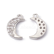 Rack Plating Brass Micro Pave Clear Cubic Zirconia Charms, Long-Lasting Plated, Cadmium Free & Lead Free, Moon Charms, Platinum, 12x7.5x2mm, Hole: 1mm(KK-G433-13P)