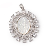 Eco-Friendly Rack Plating Brass Micro Pave Cubic Zirconia Pendant, with Natural White Shell, Long-Lasting Plated, Lead Free & Cadmium Free, Oval with Virgin Mary, Real Platinum Plated, 35x29x3.5mm, Hole: 3.5x6.5mm(KK-F835-01P)