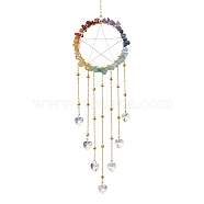 Wire Wrapped Chakra Natural Gemstone Chips Ring with Star Hanging Ornaments, Glass Heart Tassel Suncatchers for Indoor Window Patio Garden Decorations, 315mm(HJEW-JM02367)