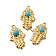 Natural Turquoise Pendants, with Vacuum Plating 201 Stainless Steel Findings, Hamsa Hand, Real 18K Gold Plated, 22x13x3mm, Hole: 1.5mm(STAS-C111-57G)