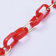 Handmade Paperclip Chains, Drawn Elongated Cable Chains, with Aluminium Linking Rinds and Acrylic Linking Rinds, Imitation Gemstone Style, Light Gold, Red, Link: 16x8x2mm, 18.5x11.5x4.5mm, 39.37 inch(1m)/strand(AJEW-JB00606-04)