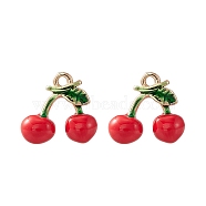 2Pcs Brass Enamel Charms, Imitation Fruit, Light Gold, Cherry Charm, Red, 12x11.5x5mm, Hole: 1.2mm(KK-YW0001-75)