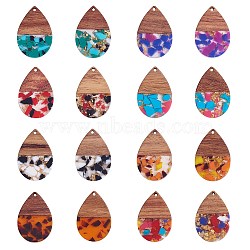 16Pcs 8 Styles Transparent Resin & Walnut Wood Pendants, with Foil Inside, Teardrop Charm, Mixed Color, 36x24.5x3mm, Hole: 2mm, 2pcs/style(RESI-SZ0001-78)