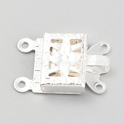 304 Stainless Steel Box Clasps, Multi-Strand Clasps, 2-Strands, 4-Holes, Rectangle with Flower, Silver, 15x10x3mm, Hole: 1mm(STAS-H151-13S)