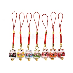 Porcelain Fortune Cat Pendant Decoration, Nylon Cord for Car Backpack Home Hanging Ornaments, Mixed Color, 105~110mm(HJEW-G027-02)