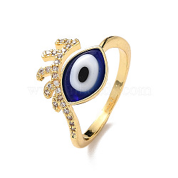 Lampwork Evil Eye Cuff Ring with Clear Cubic Zirconia, Real 18K Gold Plated Brass Jewelry for Women, Blue, Inner Diameter: 18mm(RJEW-L104-04G-04)