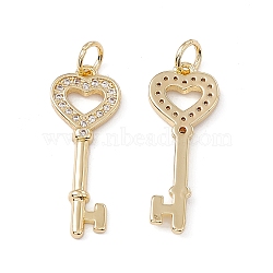 Brass Micro Pave Cubic Zirconia Pendant, with Glass & Jump Ring, Real 18K Gold Plated, Heart Key Charm, Clear, 27x10.5x2mm, Hole: 3mm(KK-E068-VC004)