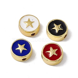 Brass Enamel Beads, Long-Lasting Plated, Cadmium Free & Lead Free, Real 18K Gold Plated, Flat Round with Star, Mixed Color, 11x4.5mm, Hole: 1.8mm(KK-F814-03G-M)