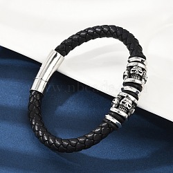 Braided Microfiber Leather Cord Bracelets, 304 Stainless Steel Skull Bracelets for Women Men, with Bayonet Clasps, Antique Silver & Stainless Steel Color, 9x1/4 inch(22.7x0.7~1.3cm)(BJEW-D304-11AS)