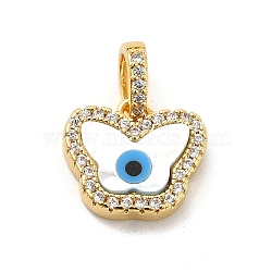 Brass Micro Pave Cubic Zirconia Charms, with Cellulose Acetate(Resin) Evil Eye, Golden, Butterfly, 12x13.5x3.5mm, Hole: 5x3.5mm(KK-C009-02E)