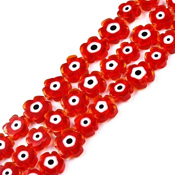 Handmade Evil Eye Lampwork Beads Strands, Flower, Golden Edge, Red, 7~9.5x7~9x2.5~3mm, Hole: 1mm, about 54pcs/strand, 16.14 inch(41cm)