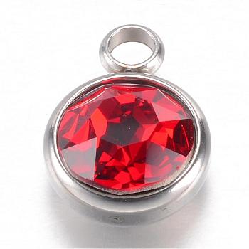304 Stainless Steel Glass Rhinestone Charms, July Birthstone Charms, Faceted, Flat Round, Red, 14x10x7mm, Hole: 2.5mm