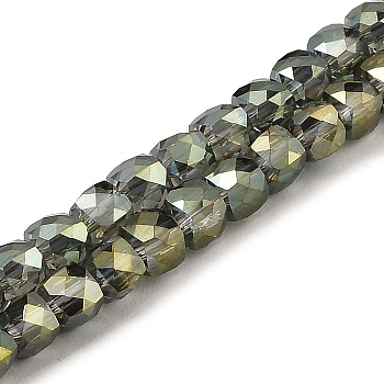 Electroplate Transparent Glass Beads Strands, Faceted, Cube, Olive Drab, 6x6x6mm, Hole: 1mm, about 67~68pcs/strand, 15.5~16 inch(39.4~40.6cm)