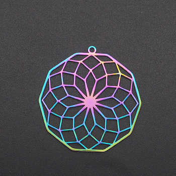 Ion Plating(IP) 201 Stainless Steel Pendants, Sacred Geometry, Laser Cut, Rainbow Color, 35.5x33x1mm, Hole: 1.6mm