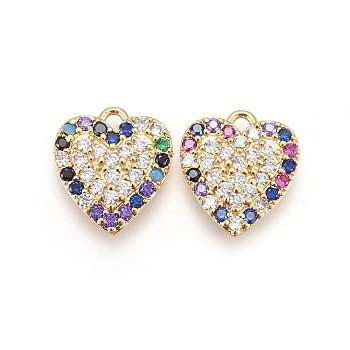 Brass Micro Pave Cubic Zirconia Pendants, Heart, Real 18K Gold Plated, Colorful, 13.3x12x2.7mm, Hole: 1.4mm