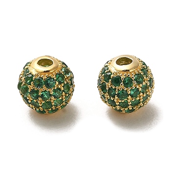 925 Sterling Silver Micro Pave Cubic Zirconia Beads, Round, Real 18K Gold Plated, Dark Green, 6x5.5mm, Hole: 1.4mm