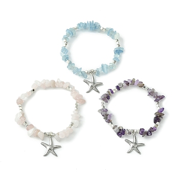 Natural Mixed Gemstone Chips Beaded Stretch Bracelets Set, 304 Stainless Steel Starfish Charms Stackable Bracelets for Women, Inner Diameter: 2-1/4 inch(5.6cm), 1Pc/style