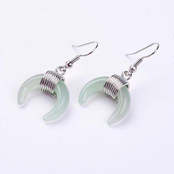 Natural Green Aventurine Dangle Earrings, with Platinum Plated Brass Findings, Double Horn/Crescent Moon, 40mm, Pin: 0.6mm