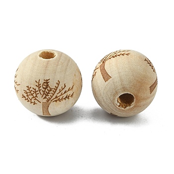 Natural Theaceae Wood Beads, Laser Engraved, Round with Tree Pattern, BurlyWood, 20mm, Hole: 5mm, 20pcs/bag