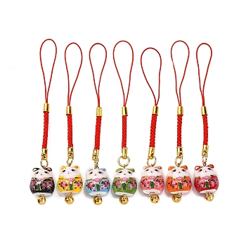 Porcelain Fortune Cat Pendant Decoration, Nylon Cord for Car Backpack Home Hanging Ornaments, Mixed Color, 105~110mm