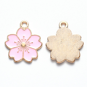 Alloy Enamel Pendants, Sakura Flower, Light Gold, Pearl Pink, 20.5x17.5x1.5mm, Hole: 2mm