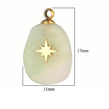 Natural New Jade Pendants, Oval Charms, with Golden Tone Stainless Steel Star Slice, 17~18x11~12x3.5~4.3mm